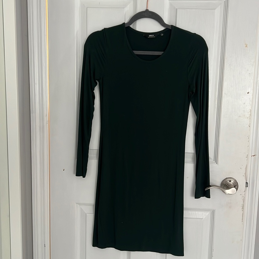 OBEY Winter Green Dress. Tight fitting & comfortable frantic, long sleeve.